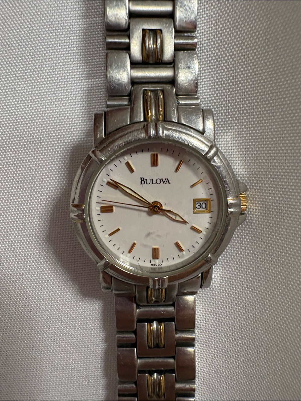 Bulova Silver and Gold Two-Tone Stainless Steel Watch White Dial New Battery